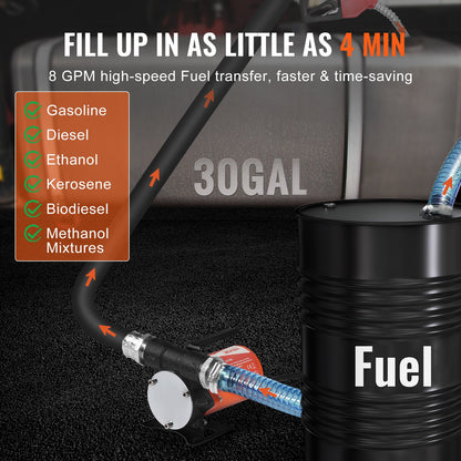 Fuel Transfer Pump 12V 8 GPM 1/5 HP Diesel Pump with Automatic Fuel Nozzle