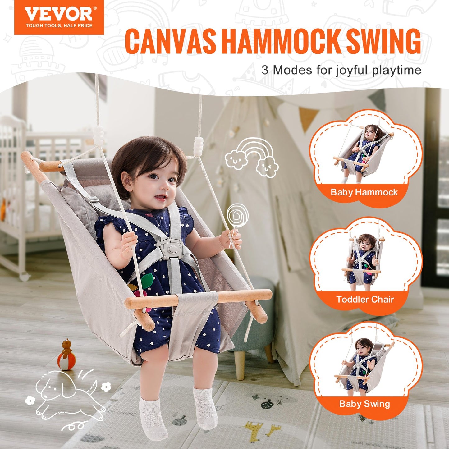 Canvas Hammock Swing 3 Positions Baby Swing 5-Point Harness Indoor Outdoor