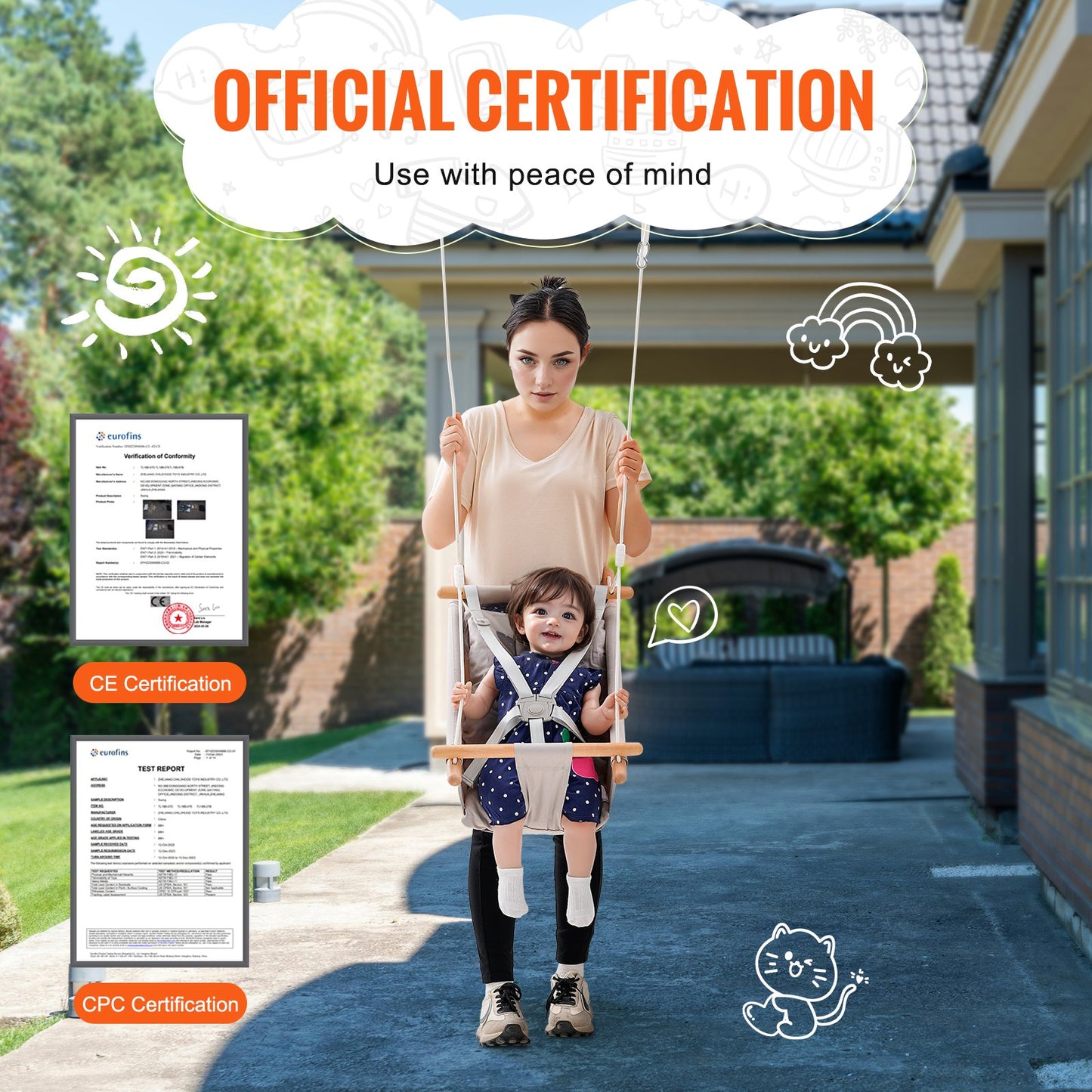 Canvas Hammock Swing 3 Positions Baby Swing 5-Point Harness Indoor Outdoor