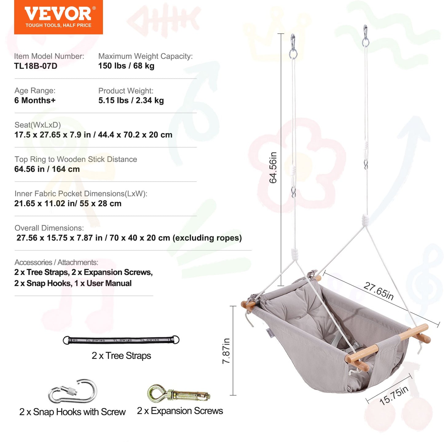 Canvas Hammock Swing 3 Positions Baby Swing 5-Point Harness Indoor Outdoor