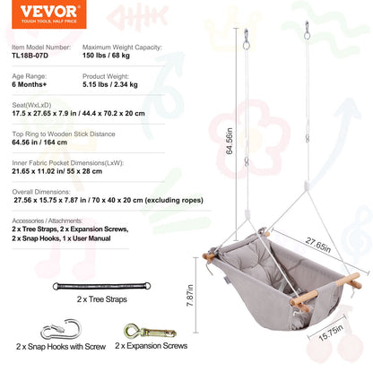 Canvas Hammock Swing 3 Positions Baby Swing 5-Point Harness Indoor Outdoor