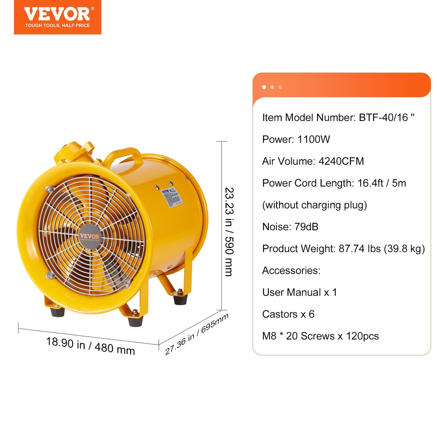 406.4mm Blower Fan Portable 5m Power Cord Ventilator Industrial