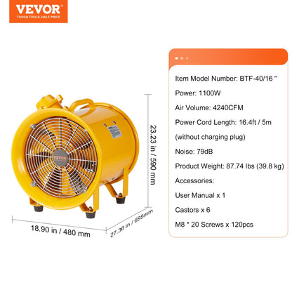 406.4mm Blower Fan Portable 5m Power Cord Ventilator Industrial