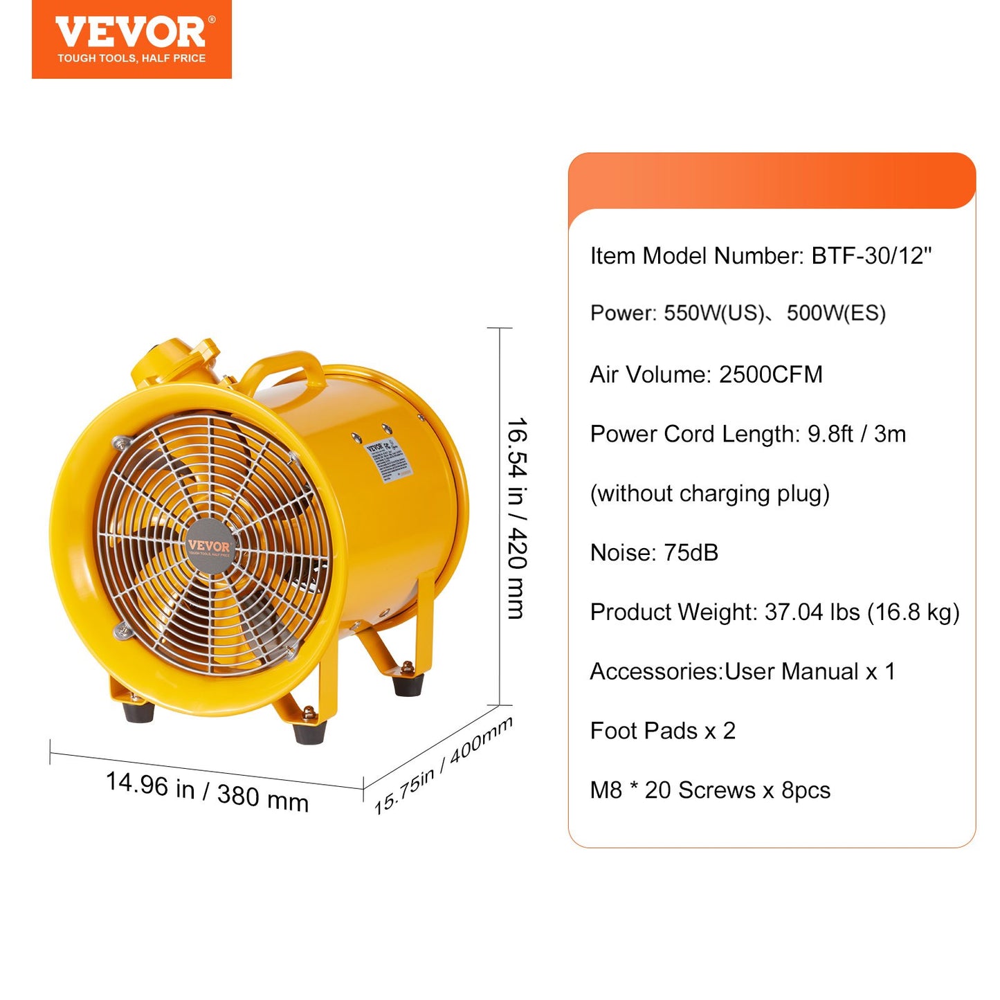 304.8mm Blower Fan Portable 3m Power Cord Ventilator Industrial