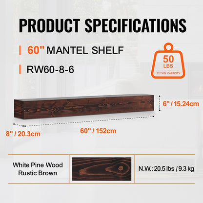 Kaminsims-Holzregal, schwebend, rustikaler Kaminsims, 152,4 cm, Braun