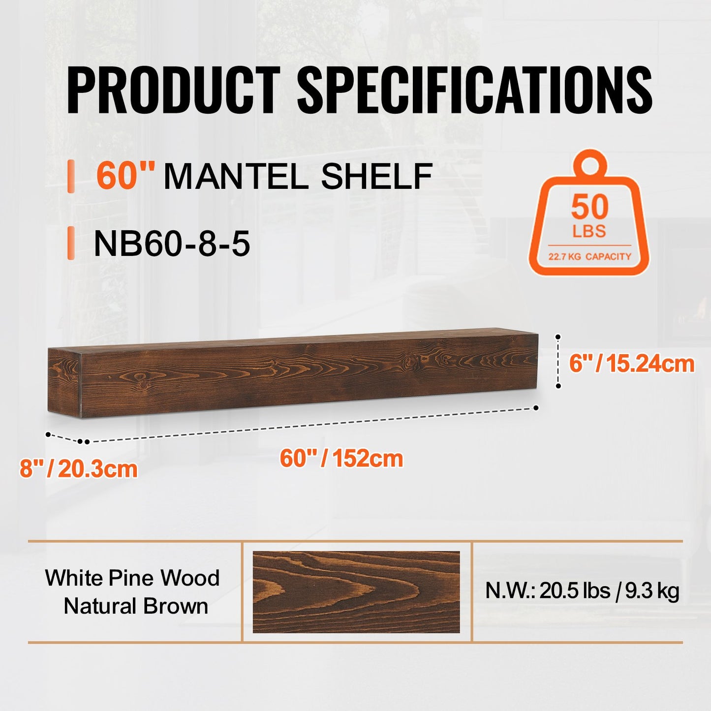 Öppen spis Mantel Trähylla Flytande Rustik Mantelhylla 60" Naturbrun