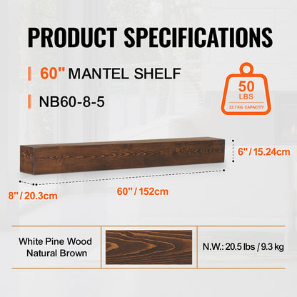 Öppen spis Mantel Trähylla Flytande Rustik Mantelhylla 60" Naturbrun