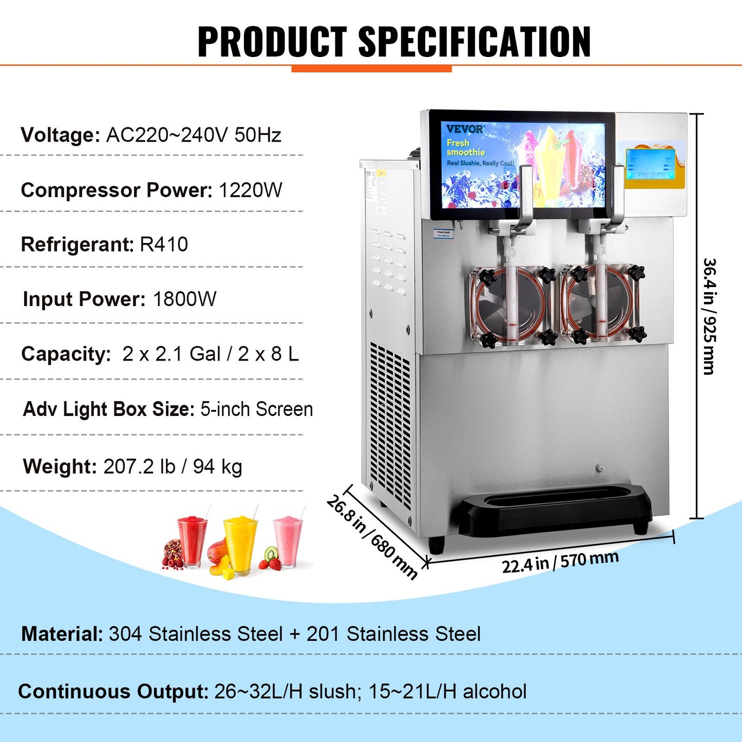 8L / 2,1 Gal dubbelskål kommersiell Slushy Machine Margarita Smoothie Frozen Drink