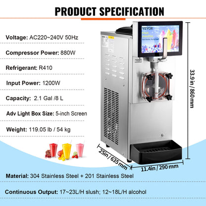 8L / 2,1 Gal Single Bowl Kommersiell Slushy Machine Margarita Smoothie Frozen Drink