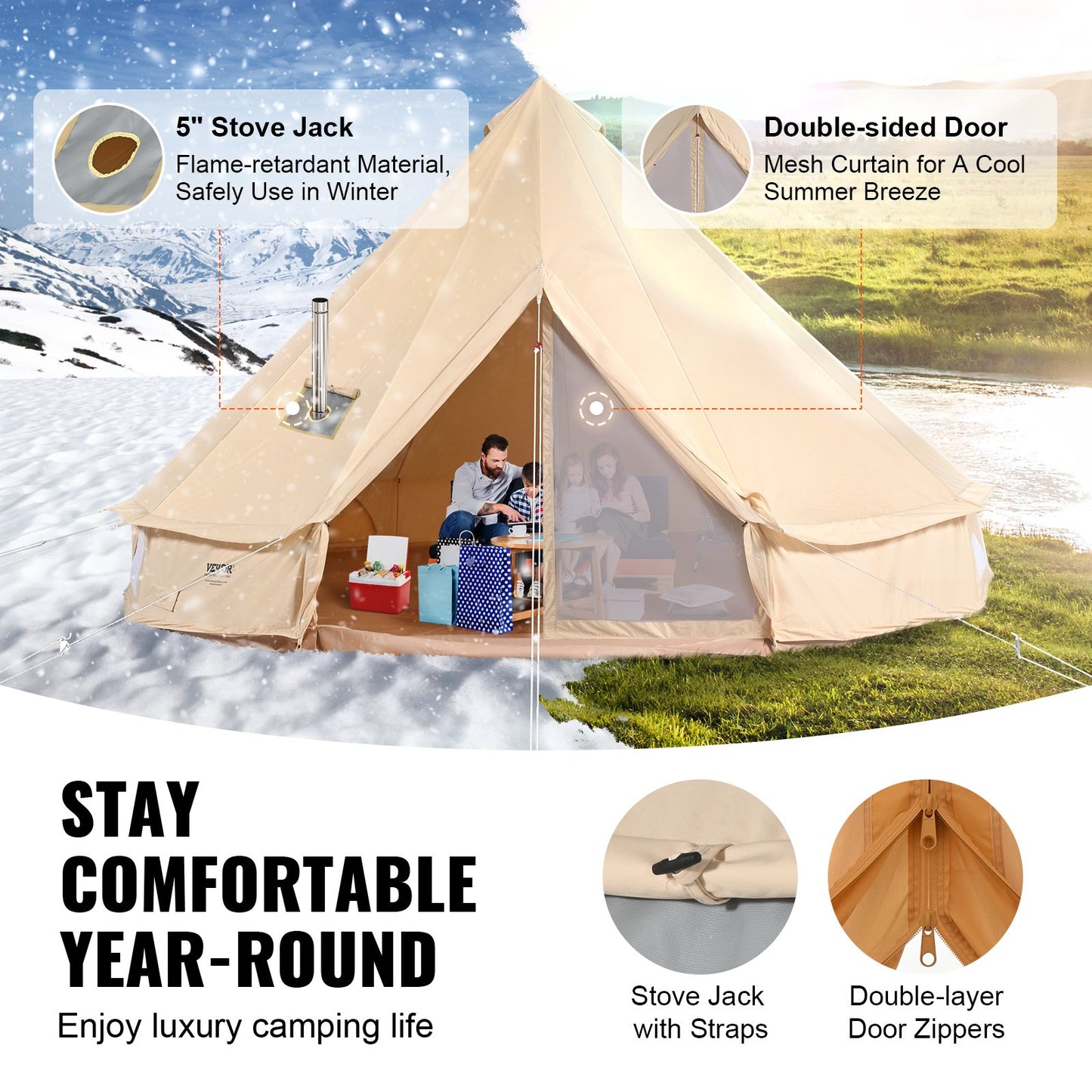 Canvas Bell Tent, 4 Seasons 4m/13.12ft Yurt Tent, Canvas Tent for Camping with Stove Jack, Breathable Tent Holds Up to 6 People, Family Camping Outdoor Hunting Party