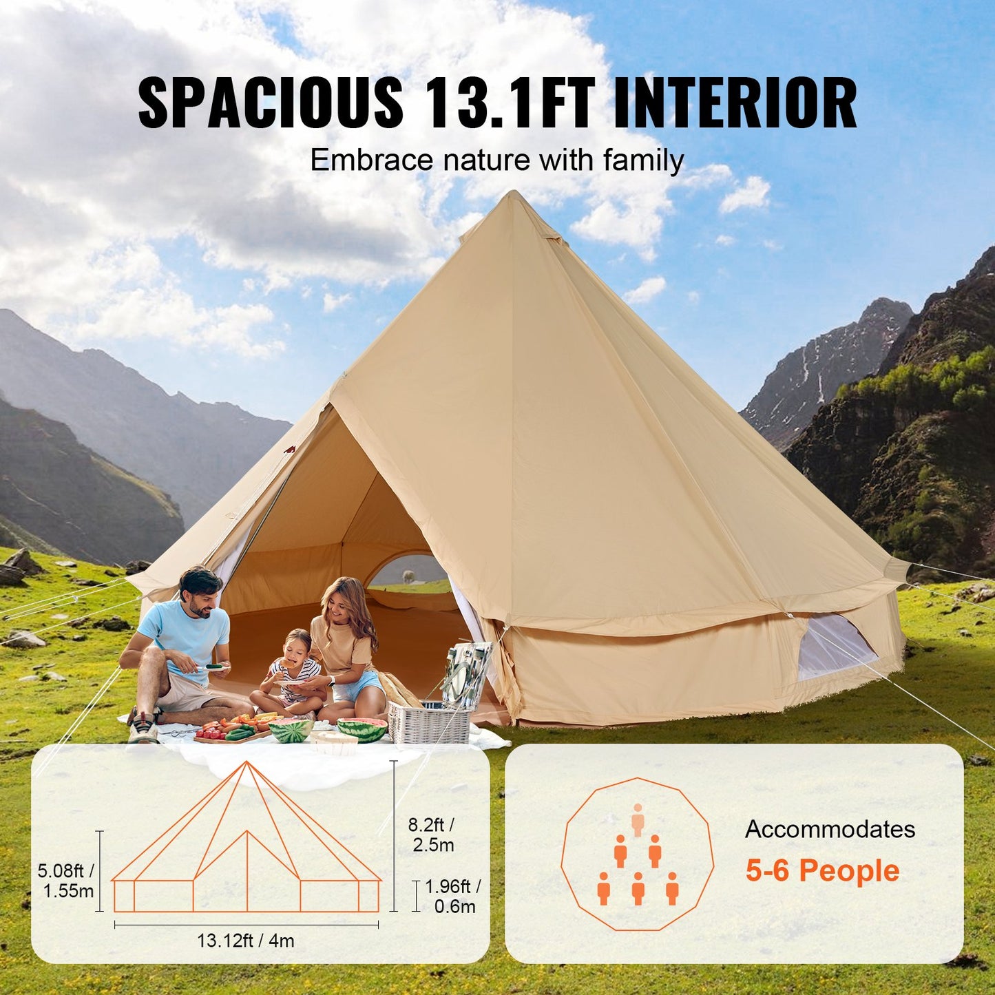 Canvas Bell Tent, 4 Seasons 4m/13.12ft Yurt Tent, Canvas Tent for Camping with Stove Jack, Breathable Tent Holds Up to 6 People, Family Camping Outdoor Hunting Party