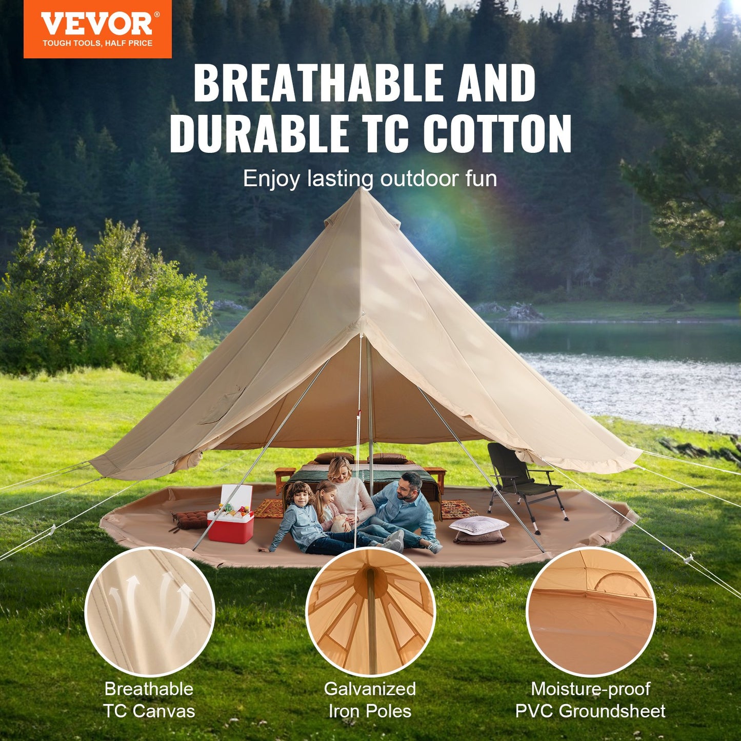 Canvas Bell Tent, 4 Seasons 7 m/22,97 ft Jurt-tält, Canvas-tält för camping med spisjack, andningsbart tält Rymmer upp till 12 personer, familjecamping utomhusjaktfest