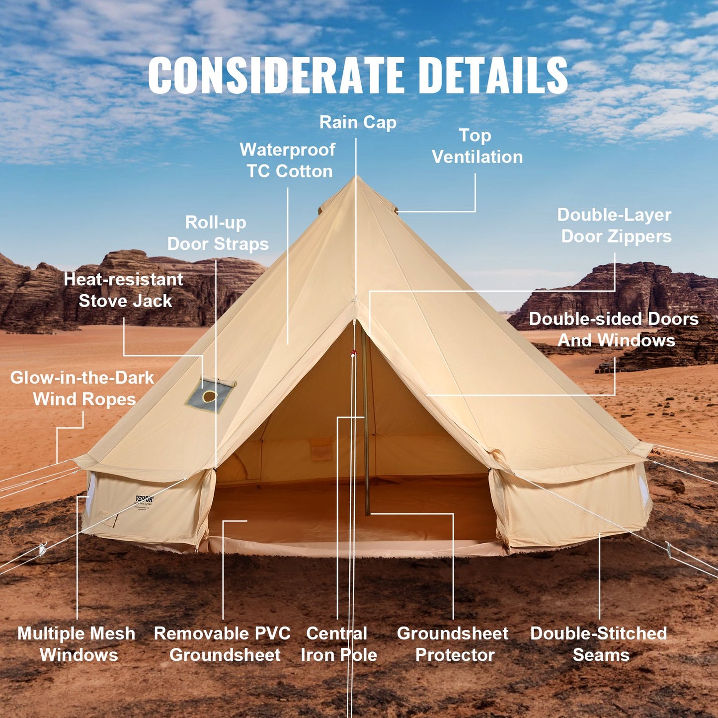 Canvas Bell Tent, 4 Seasons 7 m/22,97 ft Jurt-tält, Canvas-tält för camping med spisjack, andningsbart tält Rymmer upp till 12 personer, familjecamping utomhusjaktfest
