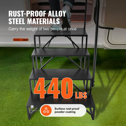 RV Step, 4-Step Motorhome Stairs, 440 LBS Load Capacity, Thickened Carbon Steel, with Handrail, Non-Slip Steps for Safe Entry and Exit, Suit for RV, Trailer, RV Step