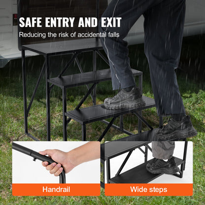 RV Step, 4-Step Motorhome Stairs, 440 LBS Load Capacity, Thickened Carbon Steel, with Handrail, Non-Slip Steps for Safe Entry and Exit, Suit for RV, Trailer, RV Step