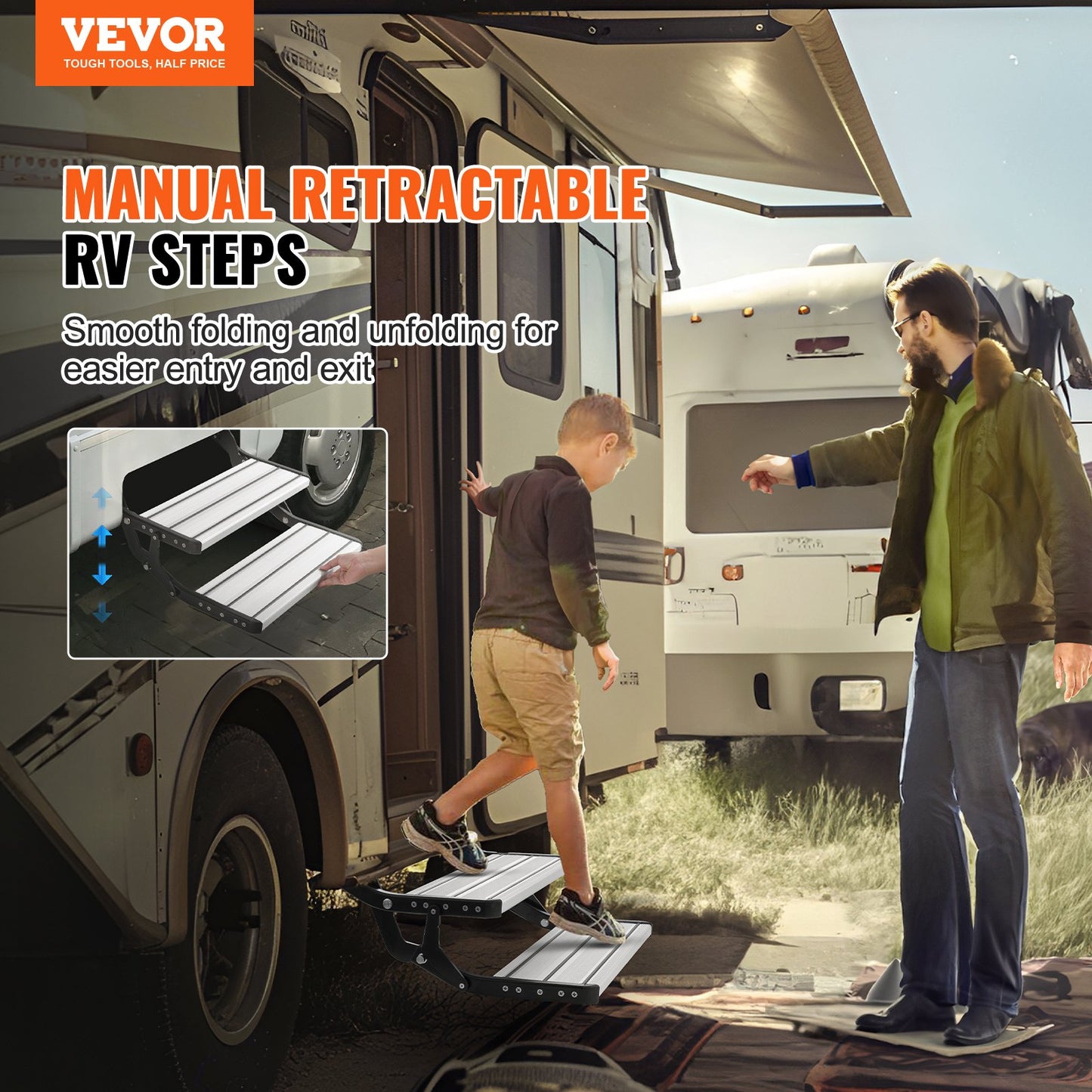 RV Steps 2-Step Manual Retractable Motorhome Stairs 440 LBS RV Trailer Camper