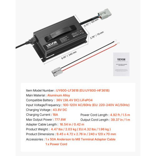 36V 18A litiumbatteriladdare 43.8V AC-DC LiFePO4 smart laddare för husbil