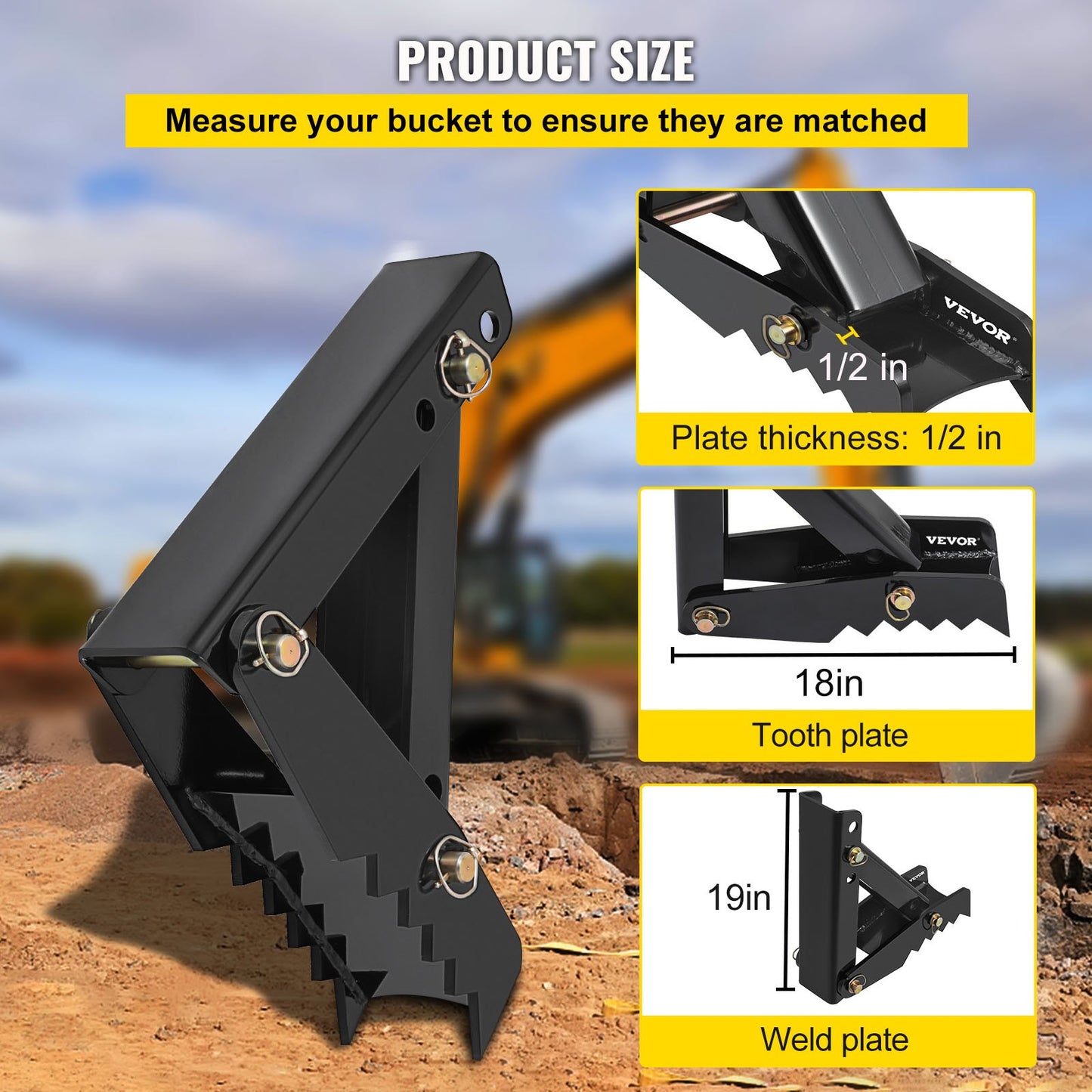 18\" Backhoe Bucket Thumb, 1/2\" Tooth Thickness Heavy Duty Excavator Thumb, Black Steel Welded Thumb Attachment with 12mm Bolt-On Design Adjustable Mechanical Thumb for Excavator/Backhoe
