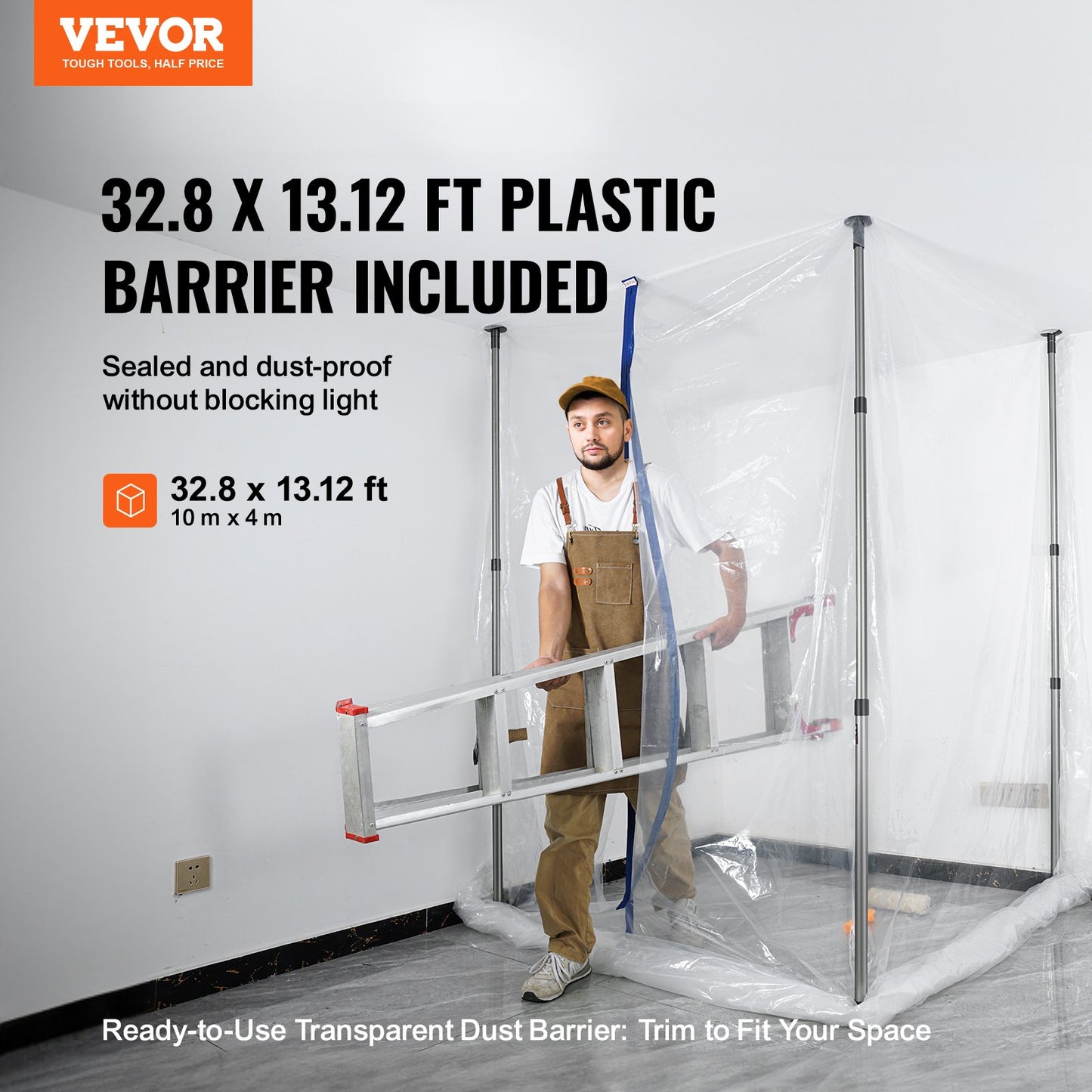 Dammbarriärstolpar, 10 ft barriärstolpar, dammbarriärsystem med 4 teleskopiska stolpar, magnetisk dragkedja, bärväska och 32,8 x 13,12 ft plastfilm, för inredning, målning