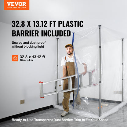 Dammbarriärstolpar, 10 ft barriärstolpar, dammbarriärsystem med 4 teleskopiska stolpar, magnetisk dragkedja, bärväska och 32,8 x 13,12 ft plastfilm, för inredning, målning