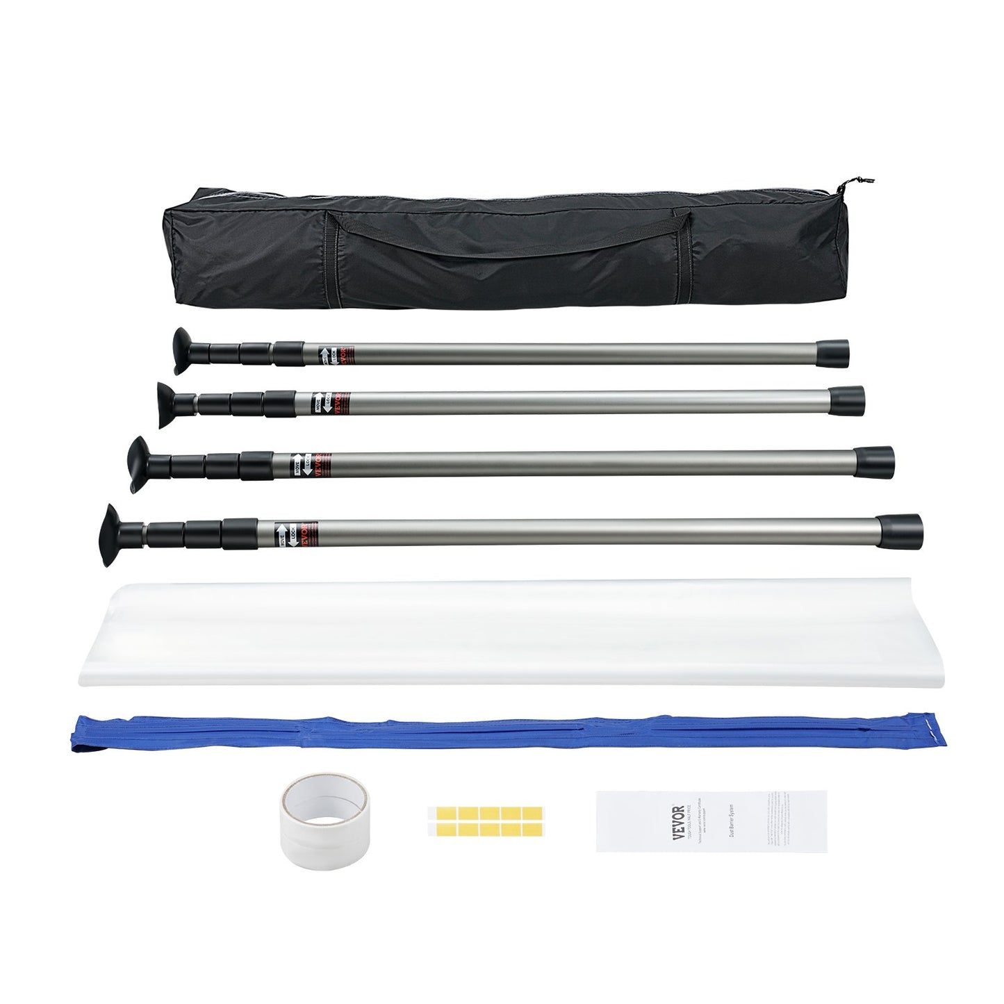 Dammbarriärstolpar, 10 ft barriärstolpar, dammbarriärsystem med 4 teleskopiska stolpar, magnetisk dragkedja, bärväska och 32,8 x 13,12 ft plastfilm, för inredning, målning
