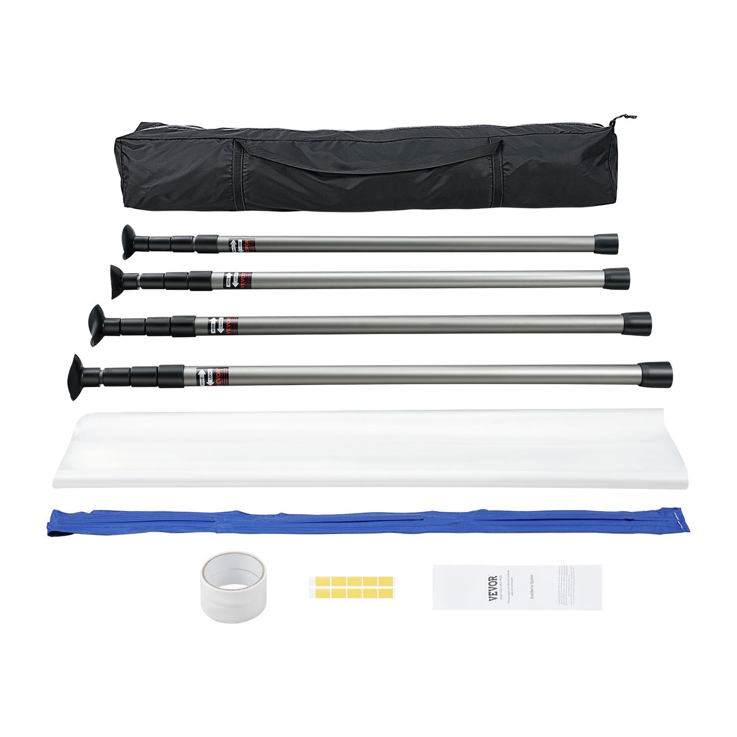 Dammbarriärstolpar, 10 ft barriärstolpar, dammbarriärsystem med 4 teleskopiska stolpar, magnetisk dragkedja, bärväska och 32,8 x 13,12 ft plastfilm, för inredning, målning