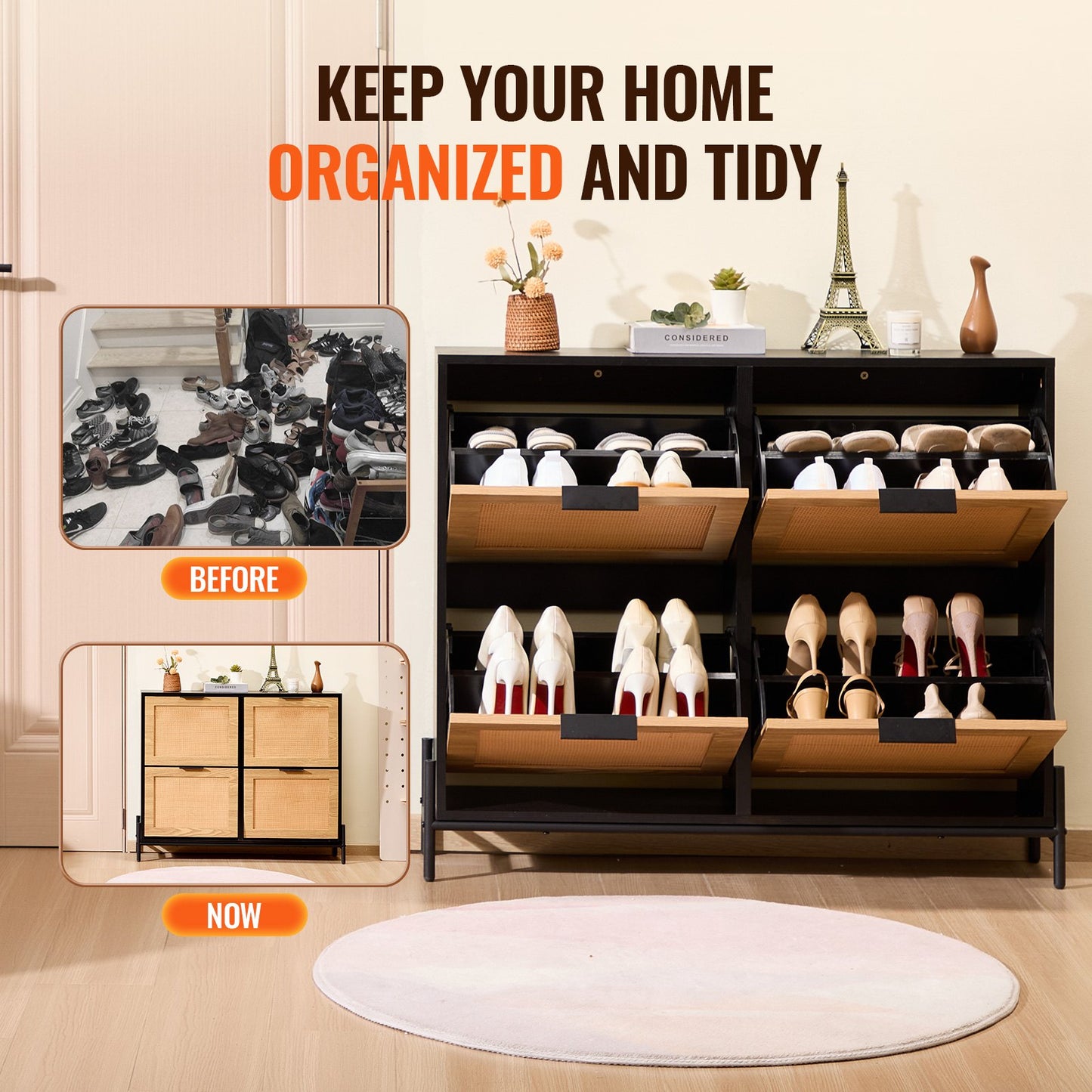 Skoförvaringsskåp i rotting Skoförvaringsorganisator med 4 flip-lådor