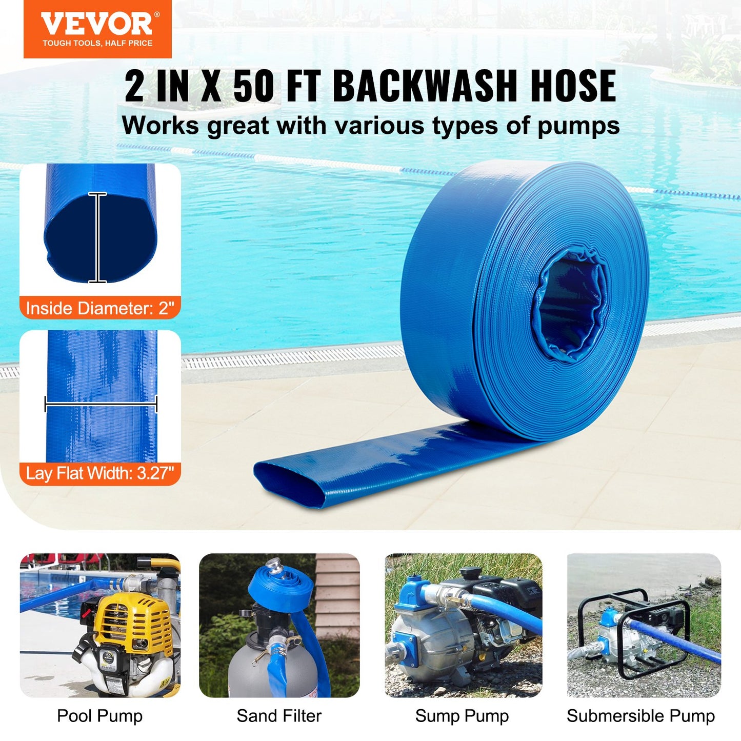 Backwash Hose, 2 Inch x 50 Feet, Heavy Duty PVC Flat Pool Outlet Hose with Aluminum Camlock C &amp; E Fittings, Clamps, Compatible with Pumps, Sand Filters, for Swimming Pools Wastewater Drainage, Blue