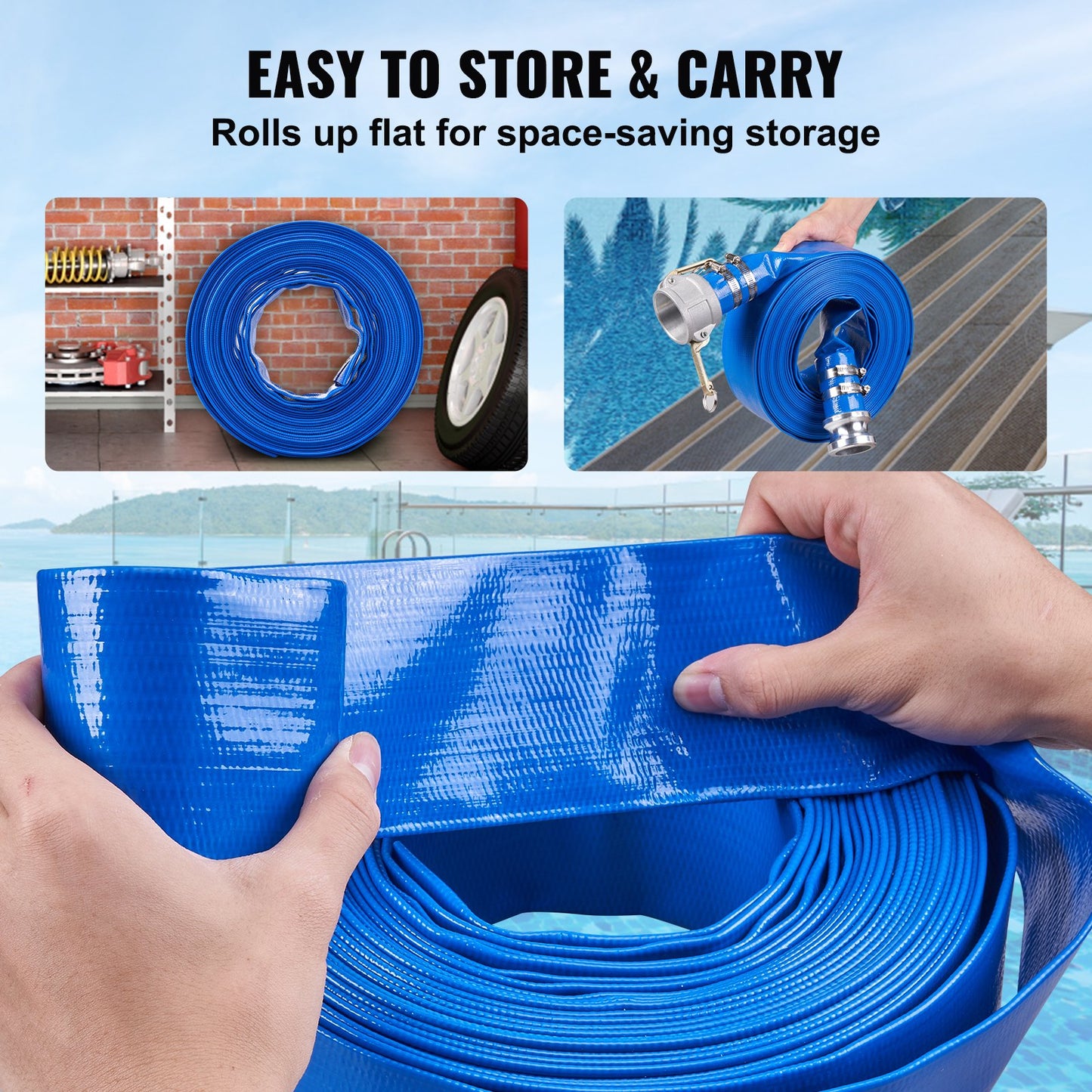 Backwash Hose, 2 Inch x 50 Feet, Heavy Duty PVC Flat Pool Outlet Hose with Aluminum Camlock C &amp; E Fittings, Clamps, Compatible with Pumps, Sand Filters, for Swimming Pools Wastewater Drainage, Blue