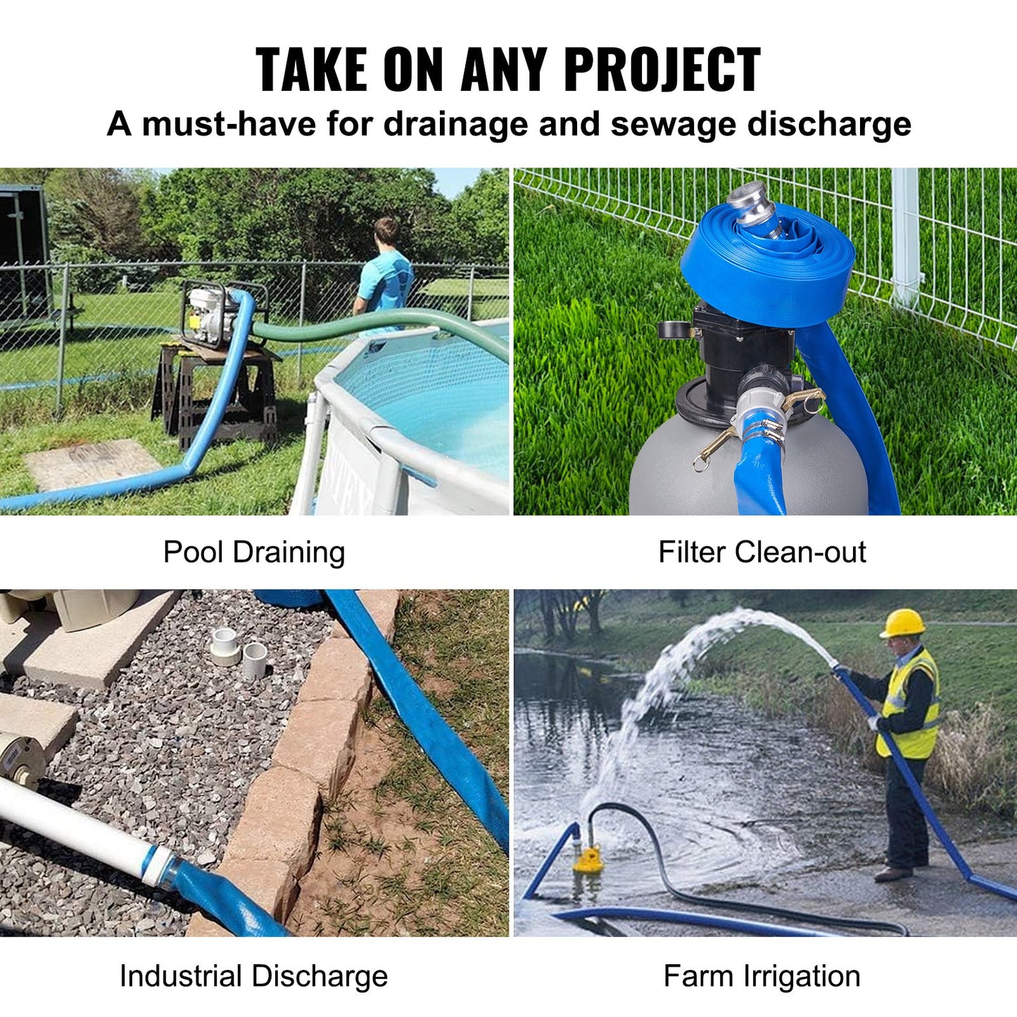 Backwash Hose, 2 Inch x 50 Feet, Heavy Duty PVC Flat Pool Outlet Hose with Aluminum Camlock C &amp; E Fittings, Clamps, Compatible with Pumps, Sand Filters, for Swimming Pools Wastewater Drainage, Blue