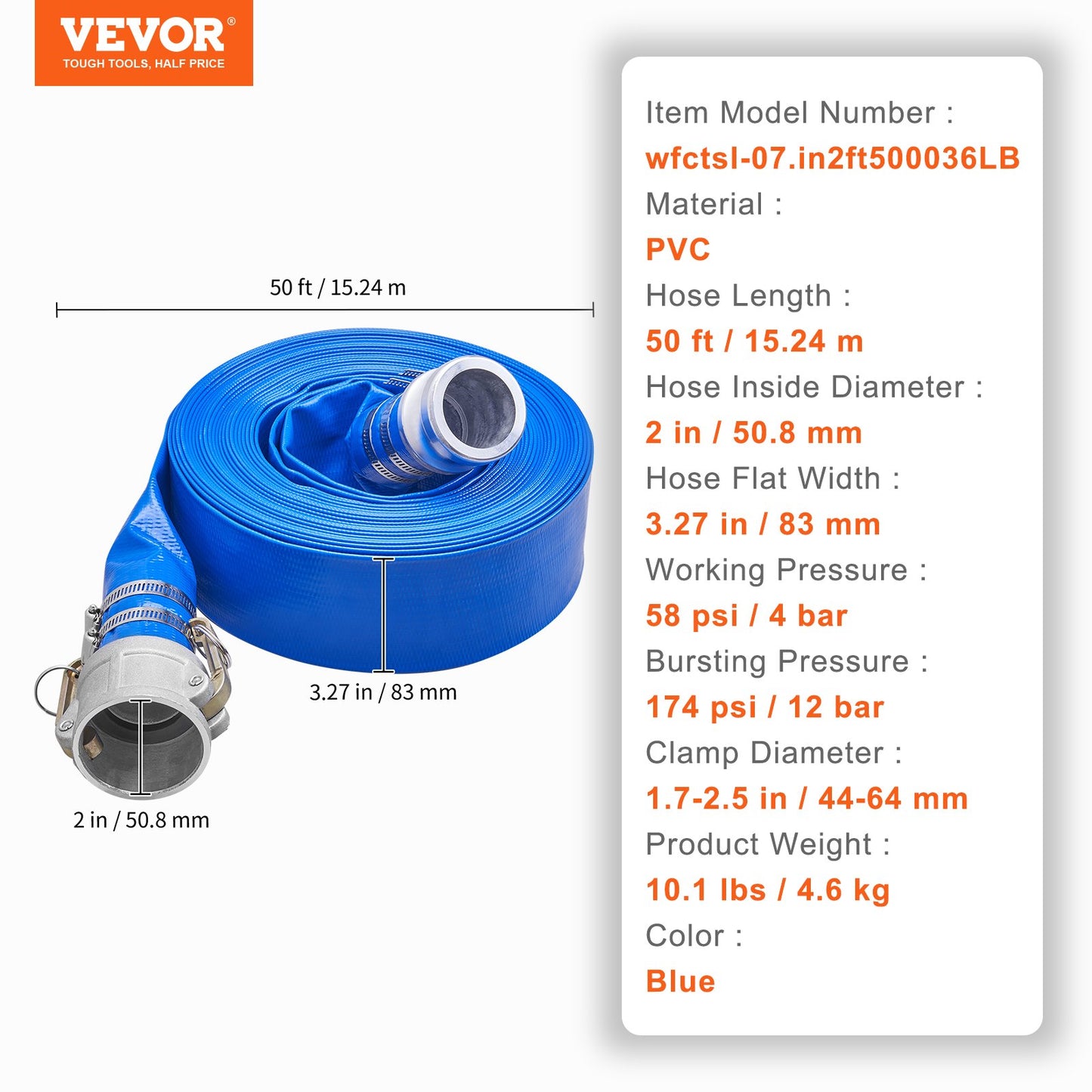 Backwash Hose, 2 Inch x 50 Feet, Heavy Duty PVC Flat Pool Outlet Hose with Aluminum Camlock C &amp; E Fittings, Clamps, Compatible with Pumps, Sand Filters, for Swimming Pools Wastewater Drainage, Blue