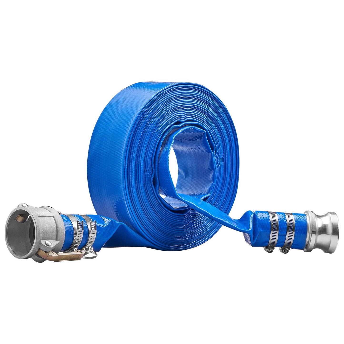 Backwash Hose, 2 Inch x 50 Feet, Heavy Duty PVC Flat Pool Outlet Hose with Aluminum Camlock C &amp; E Fittings, Clamps, Compatible with Pumps, Sand Filters, for Swimming Pools Wastewater Drainage, Blue
