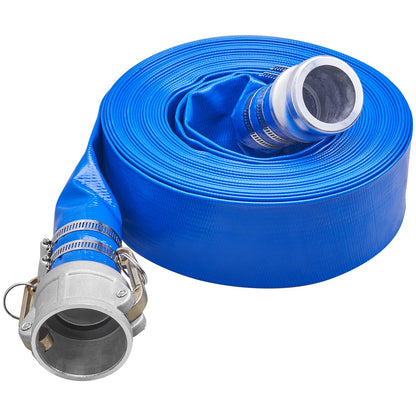 Backwash Hose, 2 Inch x 50 Feet, Heavy Duty PVC Flat Pool Outlet Hose with Aluminum Camlock C &amp; E Fittings, Clamps, Compatible with Pumps, Sand Filters, for Swimming Pools Wastewater Drainage, Blue