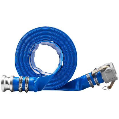 Backwash Hose, 2 Inch x 50 Feet, Heavy Duty PVC Flat Pool Outlet Hose with Aluminum Camlock C &amp; E Fittings, Clamps, Compatible with Pumps, Sand Filters, for Swimming Pools Wastewater Drainage, Blue