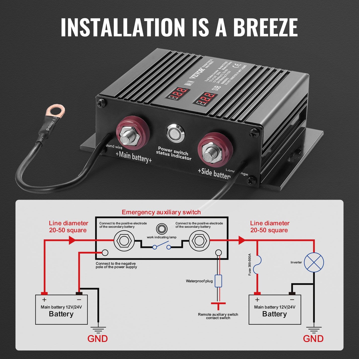 Dual Batterie Smart Isolator 12V/24V 250 Amp Spannung Empfindlich Wirklich LCD