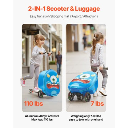 Resväska för barn med åkbart bagage, 20 tum, sparkcykel och flashhjul, blå