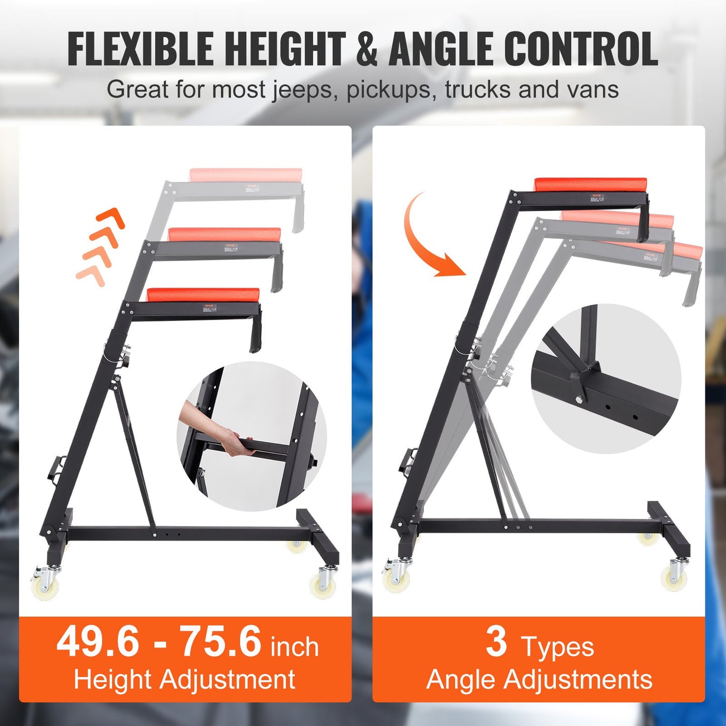 Rollbrett für Autos, mit einstellbarer Höhe von 126 bis 190 cm, 181 kg Tragkraft, hohes Rollbrett, 4 Lenkrollen, robustes, faltbares Rollbrett für Autoreparatur und -wartung