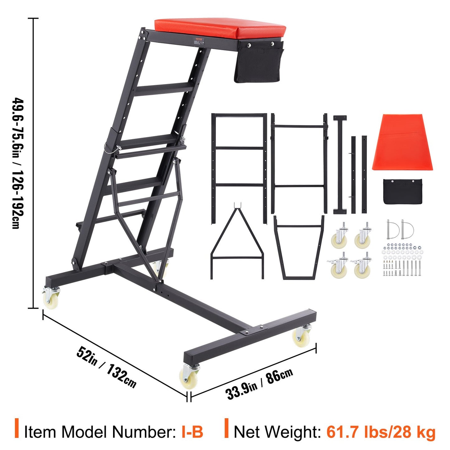 Rollbrett für Autos, mit einstellbarer Höhe von 126 bis 190 cm, 181 kg Tragkraft, hohes Rollbrett, 4 Lenkrollen, robustes, faltbares Rollbrett für Autoreparatur und -wartung