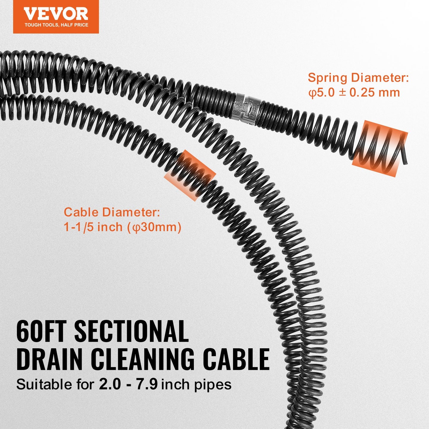 Sectional Drain Cleaning Cable 60 FTx1-1/5In &amp; 6 Cutters for 2"-7.9" Pipes
