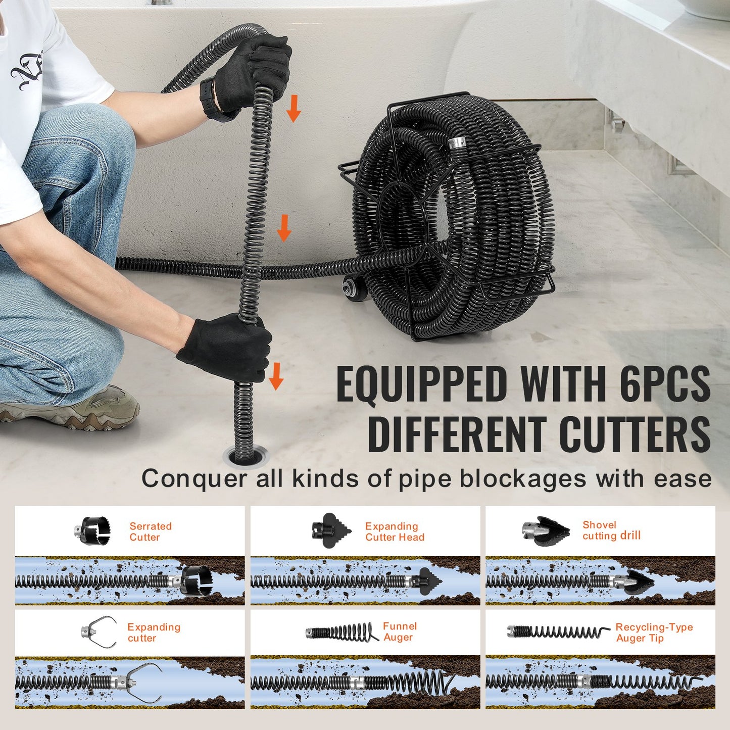 Sectional Drain Cleaning Cable 60 FTx1-1/5In &amp; 6 Cutters for 2"-7.9" Pipes