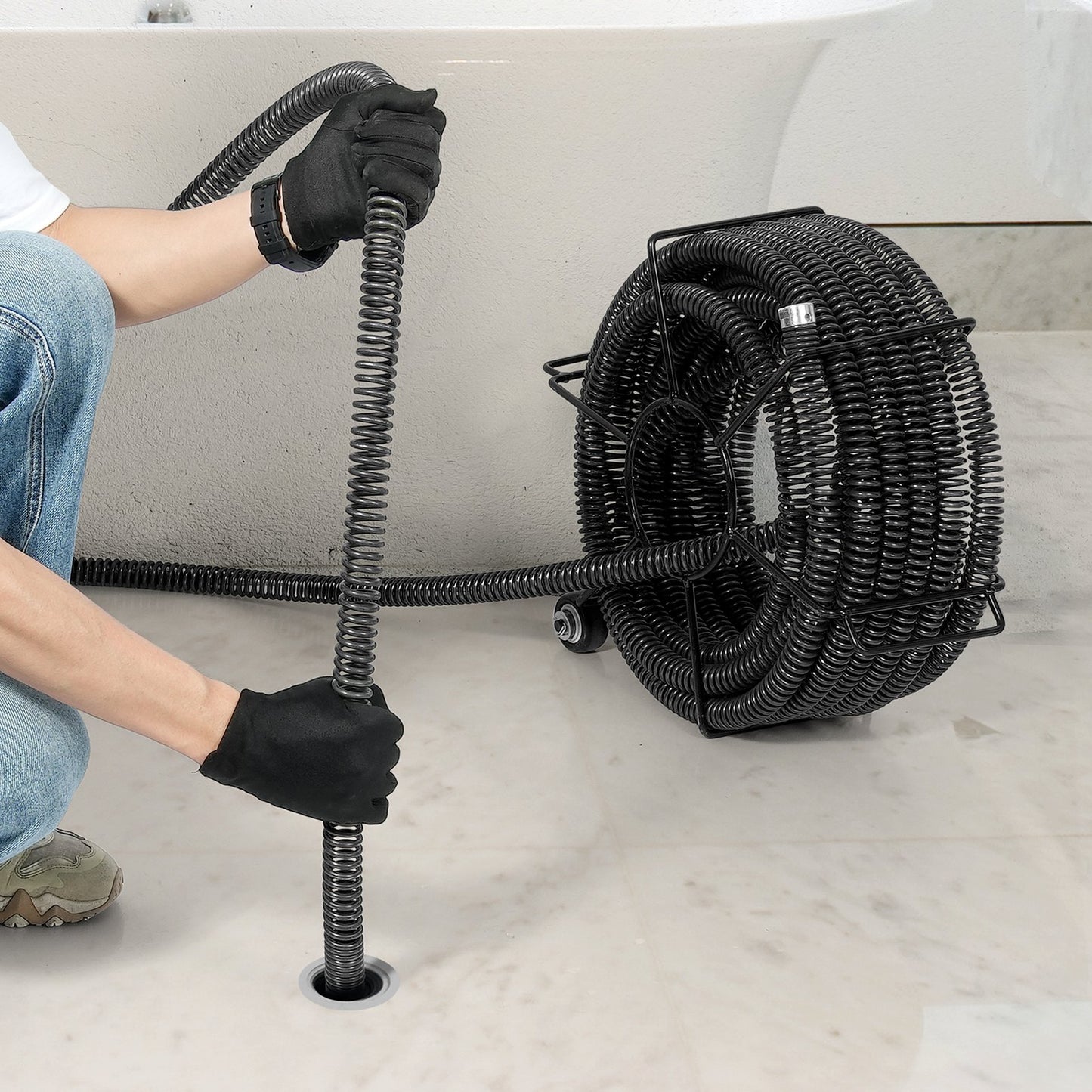 Sectional Drain Cleaning Cable 60 FTx1-1/5In &amp; 6 Cutters for 2"-7.9" Pipes