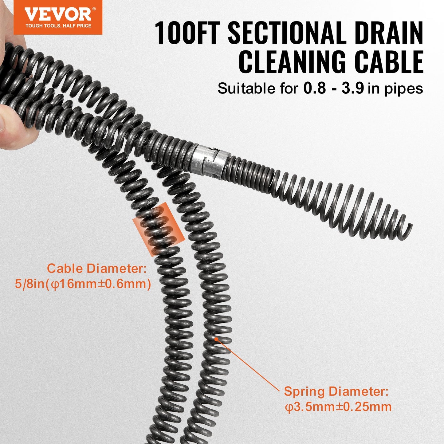Sectional Drain Cleaning Cable 100FTx5/8In &amp; 7 Cutters for 0.8"-3.9" Pipe