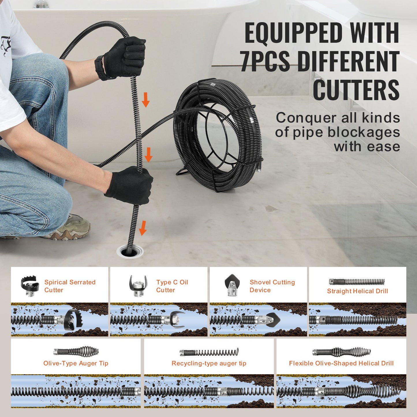 Sectional Drain Cleaning Cable 100FTx5/8In &amp; 7 Cutters for 0.8"-3.9" Pipe