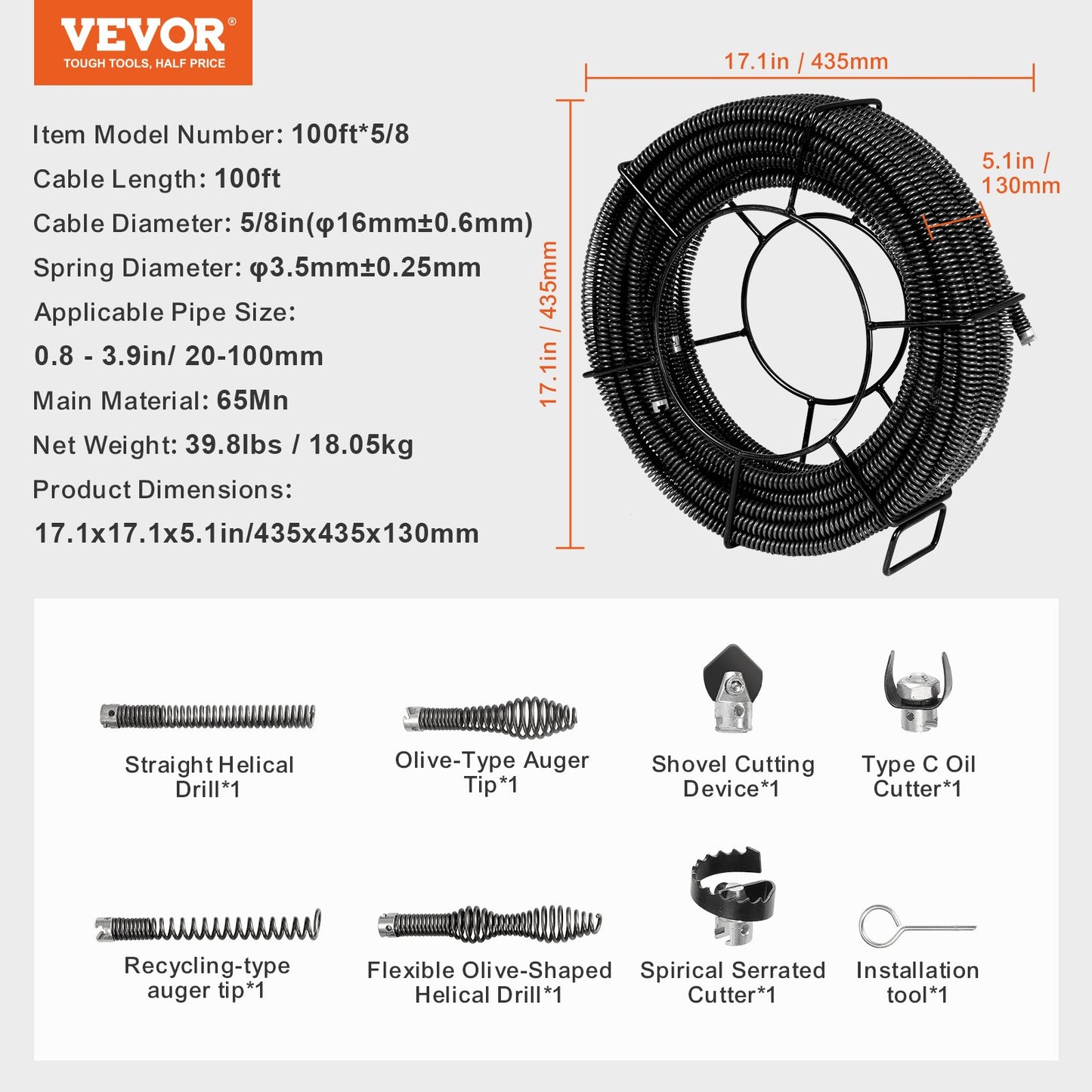 Sectional Drain Cleaning Cable 100FTx5/8In &amp; 7 Cutters for 0.8"-3.9" Pipe