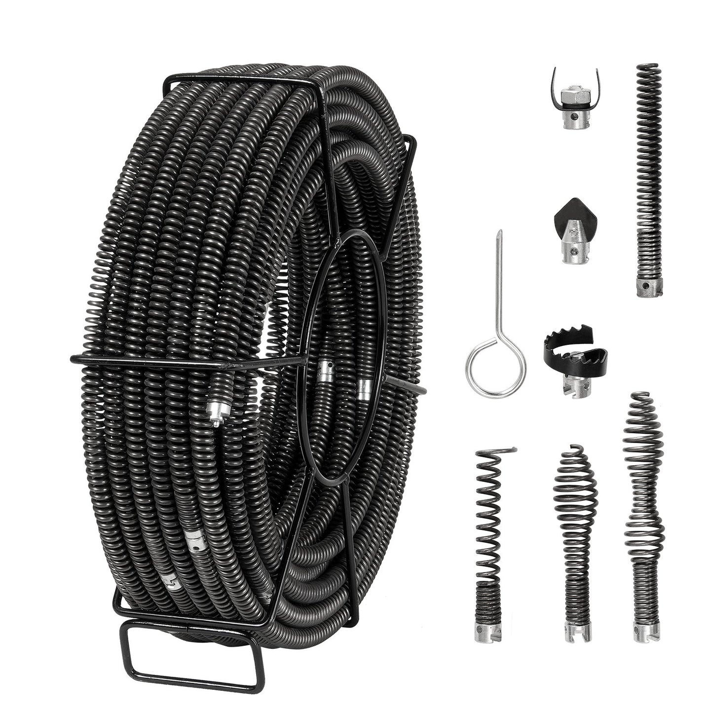 Sectional Drain Cleaning Cable 100FTx5/8In &amp; 7 Cutters for 0.8"-3.9" Pipe