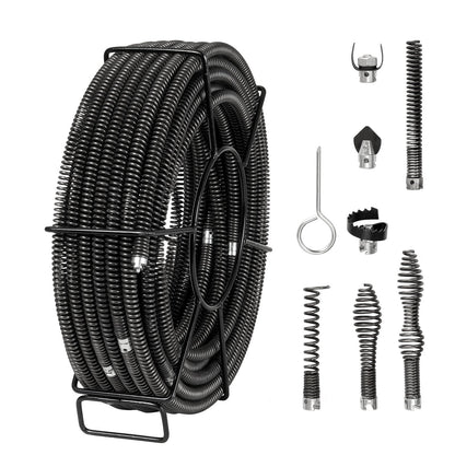 Sectional Drain Cleaning Cable 100FTx5/8In &amp; 7 Cutters for 0.8"-3.9" Pipe