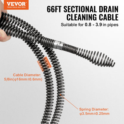 Sectional Drain Cleaning Cable 66FTx5/8In &amp; 7 Cutters for 0.8"-3.9" Pipe