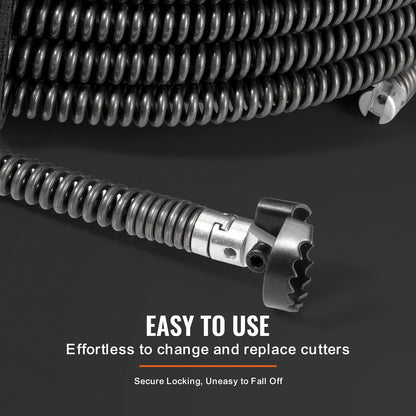 Sectional Drain Cleaning Cable 66FTx5/8In &amp; 7 Cutters for 0.8"-3.9" Pipe