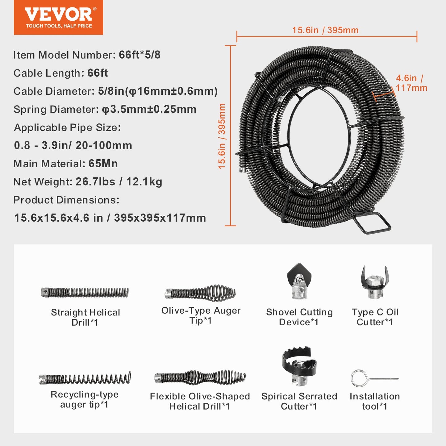 Sectional Drain Cleaning Cable 66FTx5/8In &amp; 7 Cutters for 0.8"-3.9" Pipe