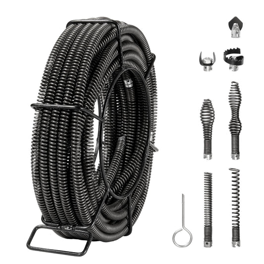 Sectional Drain Cleaning Cable 66FTx5/8In &amp; 7 Cutters for 0.8"-3.9" Pipe